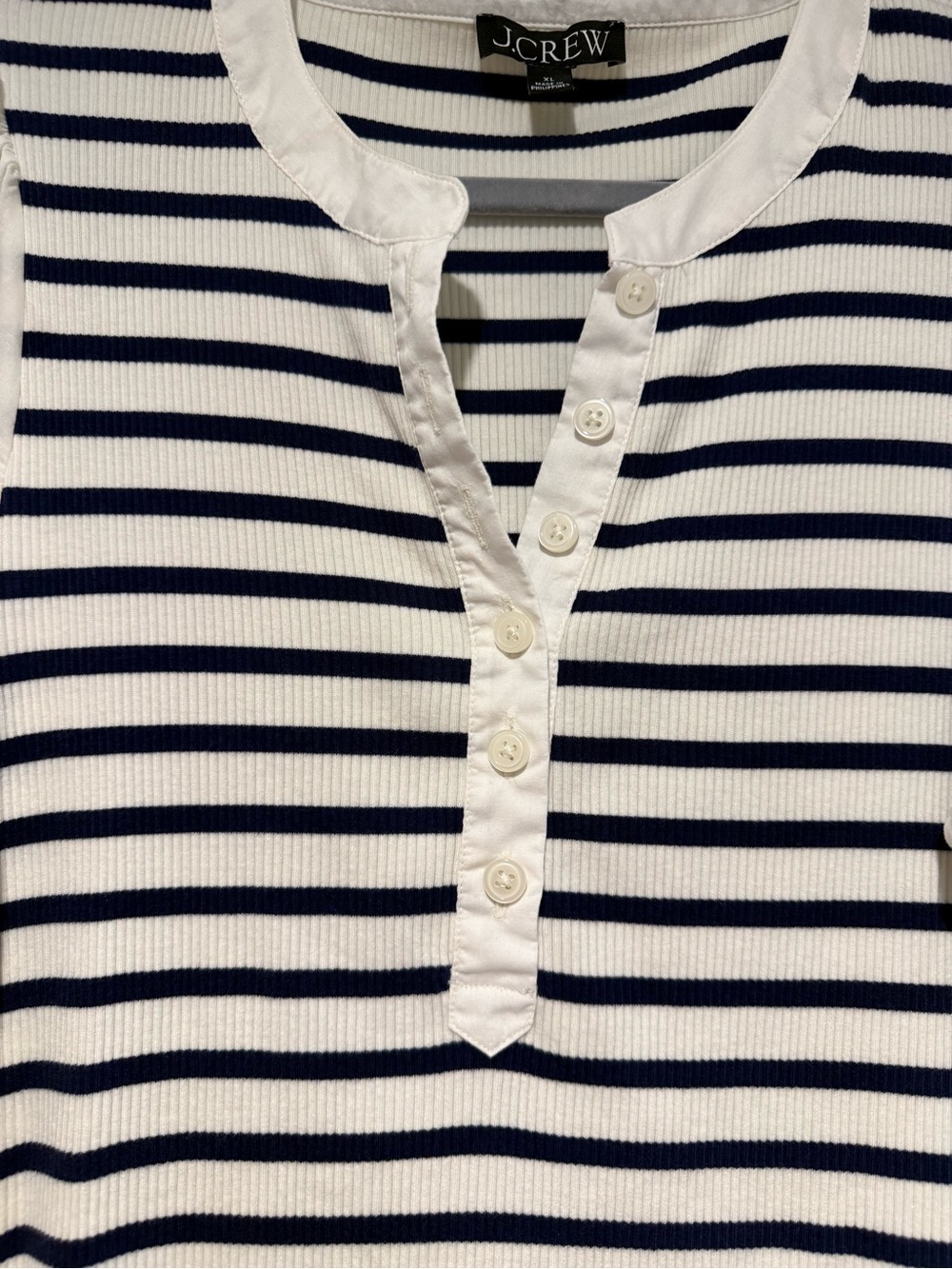 J Crew Ribbed Striped  Navy Blue / White Henley Top with Cotton Sleeves XL - Picture 5 of 9